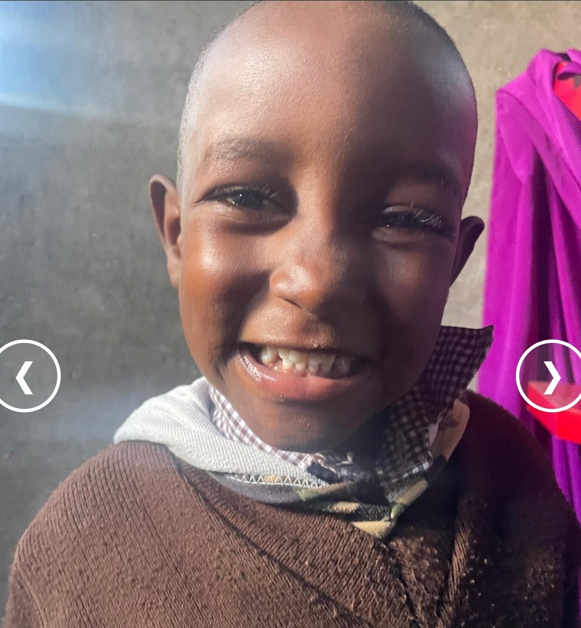 A boy in a brown school jumper beaming at the camera